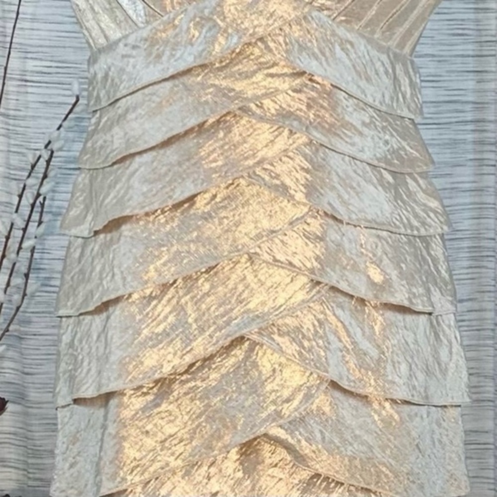 Cache shimmering champagne sleeveless shuttered party dress. - Picture 4 of 15